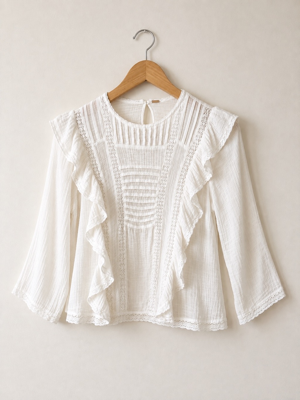 Free People Off White Gauze Ruffle Lace Boho Blouse Size XS